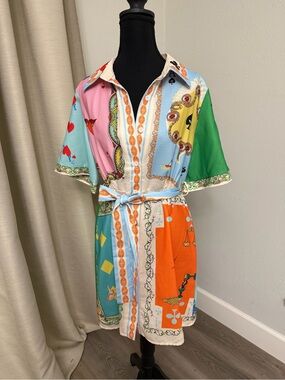 Multicolor Printed Short Shirt Dress with Tie Belt